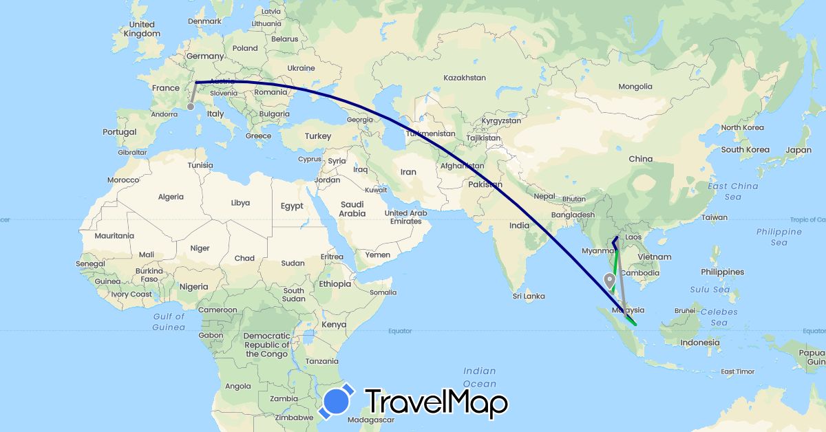 TravelMap itinerary: driving, bus, plane in Switzerland, France, Malaysia, Singapore, Thailand (Asia, Europe)
